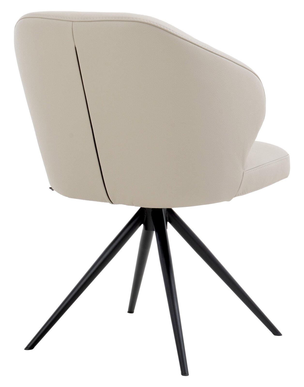 Rückansicht eines modernen Armlehnstuhls mit beigem Polster und schwarzen Metallbeinen.