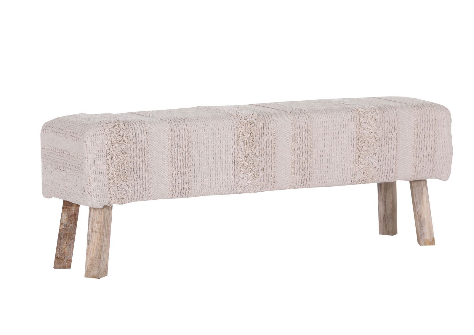 Hockerbank mit cremefarbenem, strukturiertem Stoffbezug und vier Holzbeinen, seitliche Perspektive