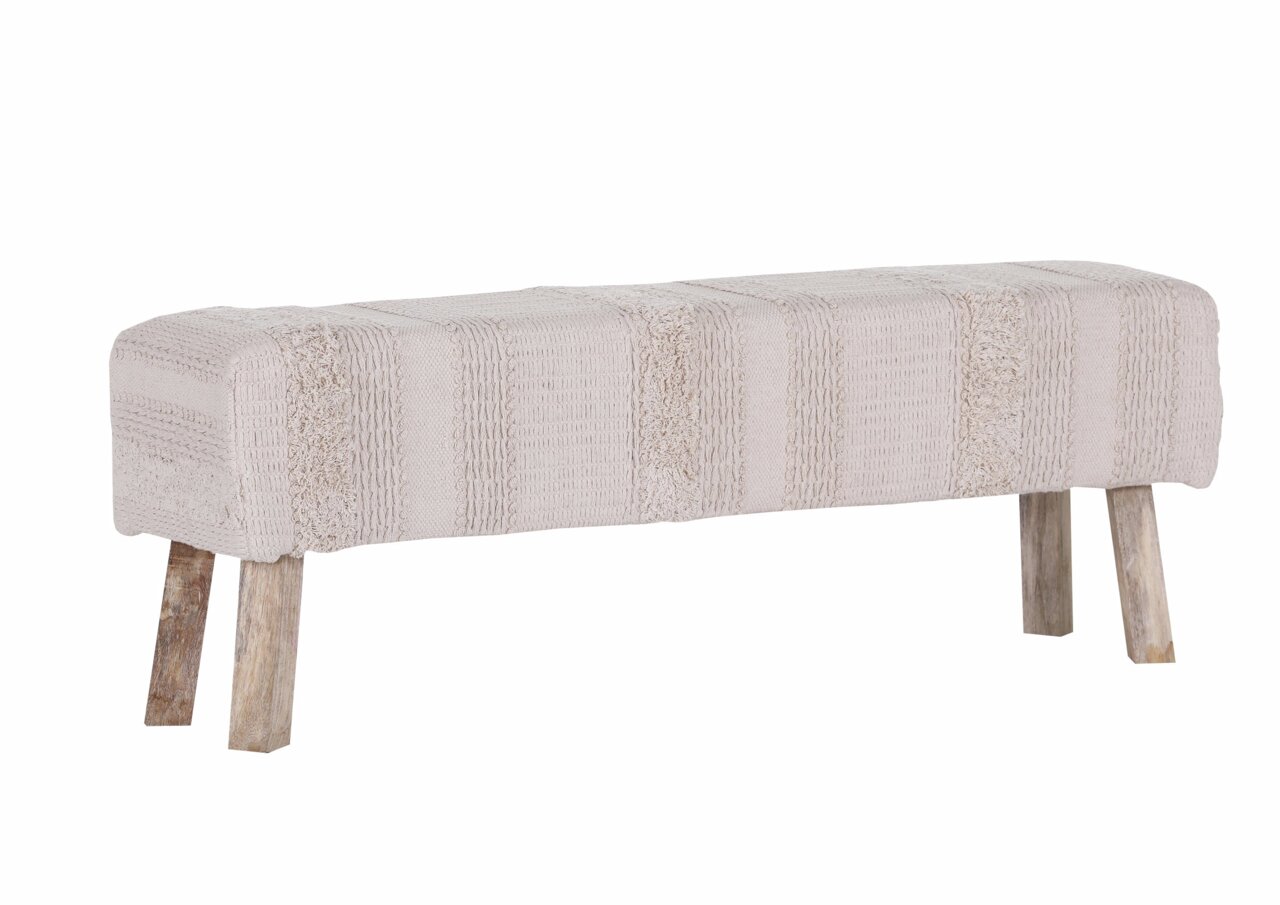 Hockerbank mit cremefarbenem, strukturiertem Stoffbezug und vier Holzbeinen, seitliche Perspektive
