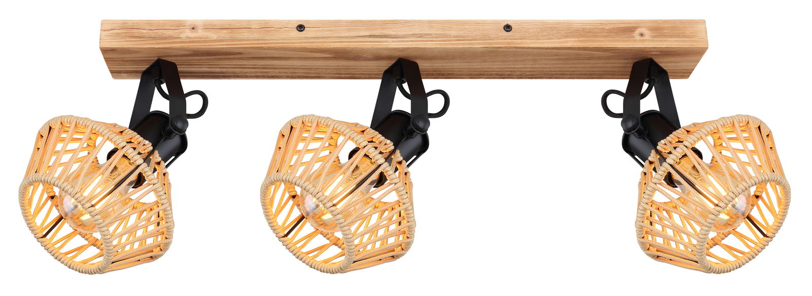 Dreifacher Deckenstrahler VALLI mit Holzleiste und geflochtenen Lampenschirmen, seitliche Perspektive