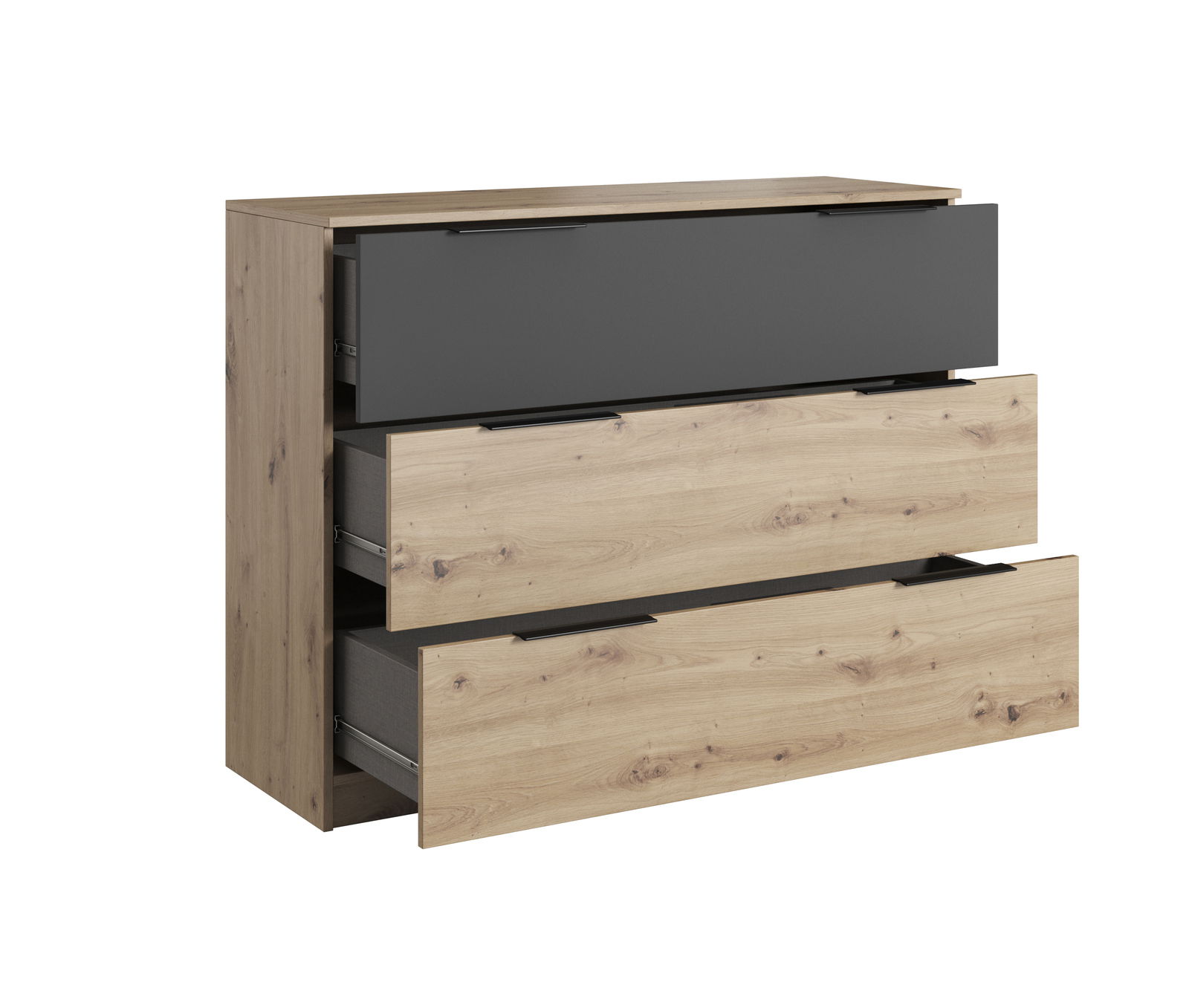Kommode mit drei Schubladen, zwei in Holzoptik und eine in Dunkelgrau, aus seitlicher Perspektive