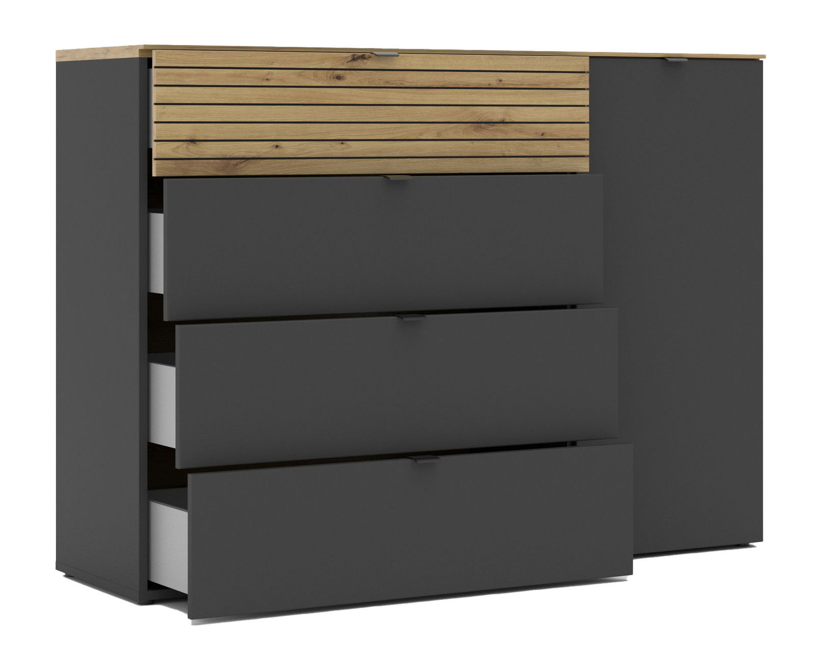 Kombi-Kommode in dunklem Grau mit drei offenen Schubladen und einer Holzakzent-Schublade, seitliche Perspektive