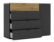 Kombi-Kommode in dunklem Grau mit drei offenen Schubladen und einer Holzakzent-Schublade, seitliche Perspektive