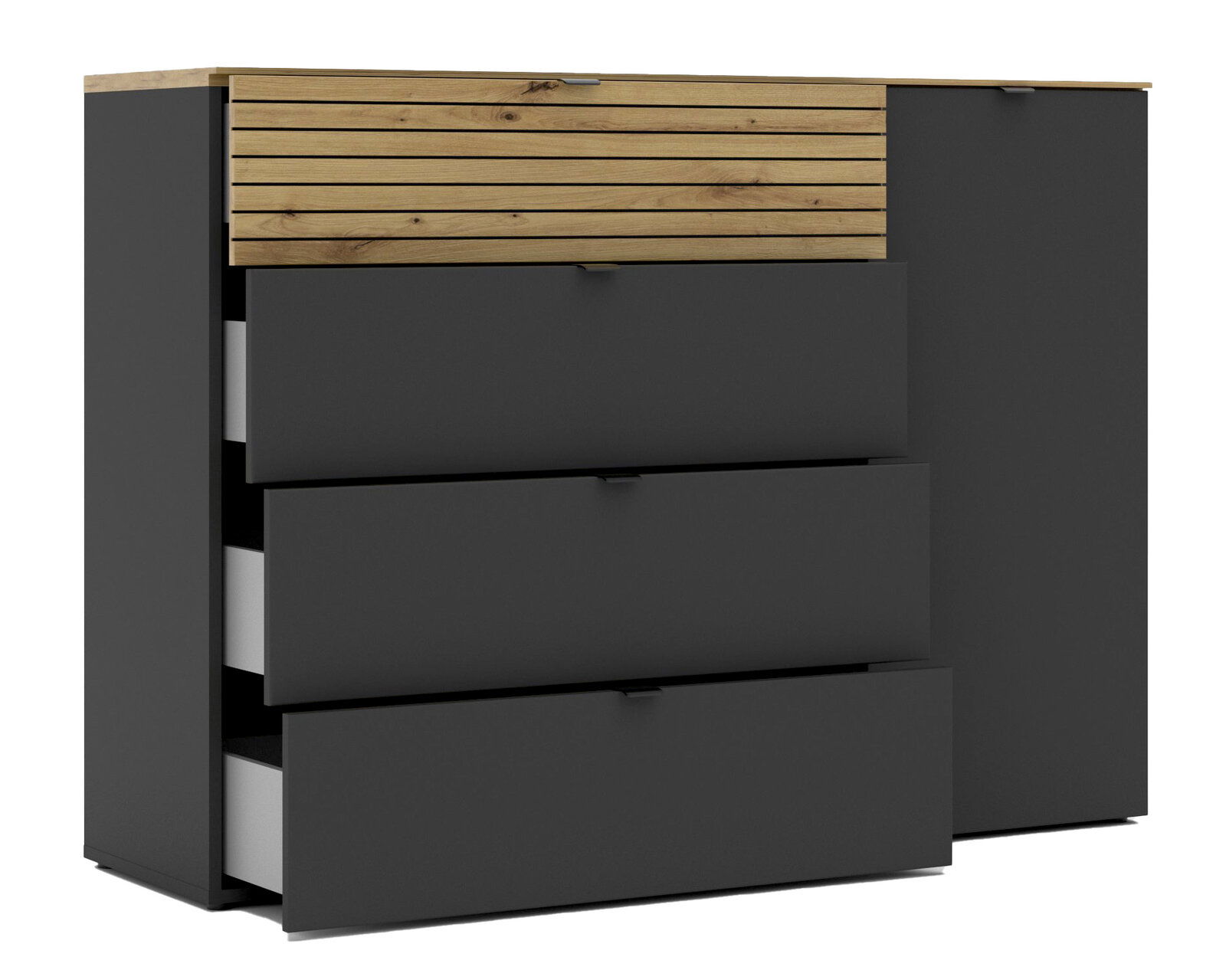 Kombi-Kommode in dunklem Grau mit drei offenen Schubladen und einer Holzakzent-Schublade, seitliche Perspektive