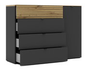 Kombi-Kommode in dunklem Grau mit drei offenen Schubladen und einer Holzakzent-Schublade, seitliche Perspektive