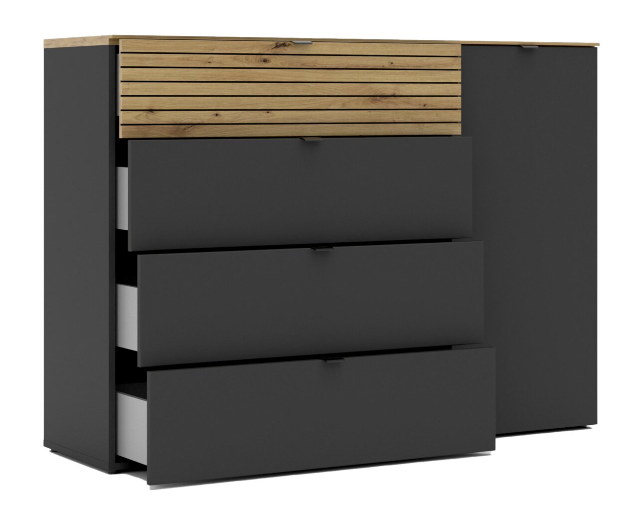 Kombi-Kommode in dunklem Grau mit drei offenen Schubladen und einer Holzakzent-Schublade, seitliche Perspektive