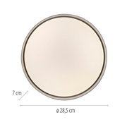 Runde Deckenleuchte mit weißer Diffusor-Abdeckung und grauem Rahmen, Draufsicht/Frontansicht, Durchmesser 28,5 cm und Höhe 7 cm