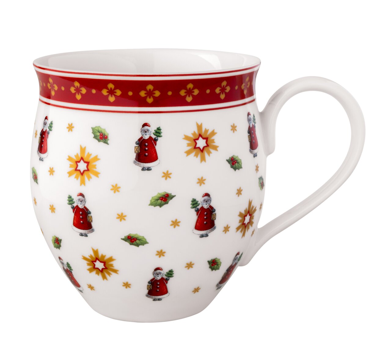 Weihnachtlicher Becher mit rotem Rand und festlichem Muster aus Weihnachtsmännern, Sternen und Stechpalmen, seitliche Perspektive