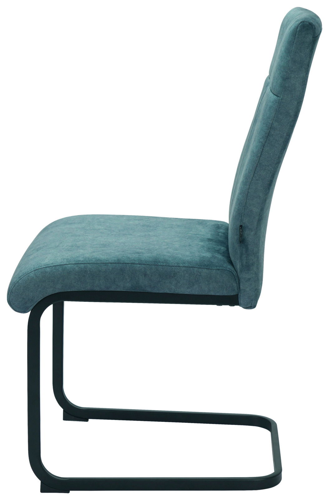 Moderner Schwingstuhl in seitlicher Ansicht mit gepolstertem Sitz und Rückenlehne in Blaugrün, auf schwarzem Metallgestell.