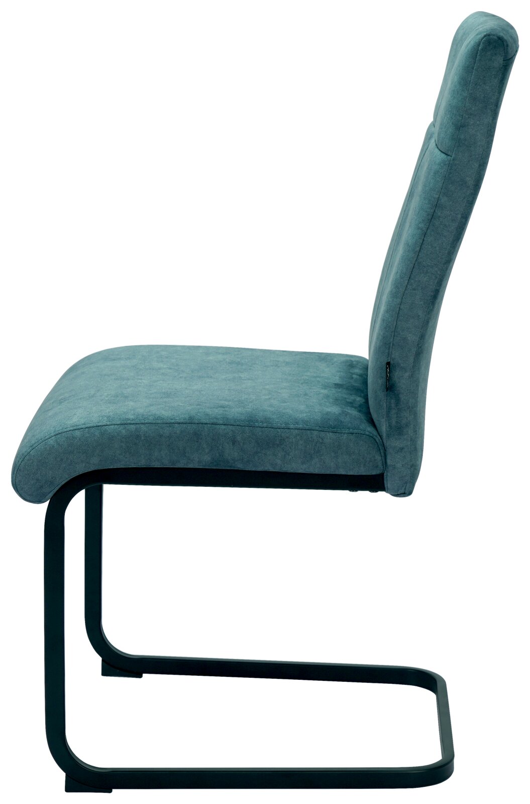 Moderner Schwingstuhl in seitlicher Ansicht mit gepolstertem Sitz und Rückenlehne in Blaugrün, auf schwarzem Metallgestell.