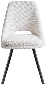 Moderner weißer Stuhl mit gepolsterter Sitzfläche und schwarzem Metallgestell, Frontalansicht