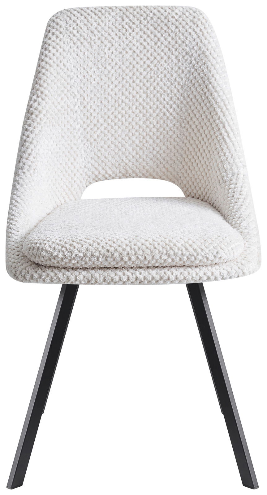 Moderner weißer Stuhl mit gepolsterter Sitzfläche und schwarzem Metallgestell, Frontalansicht