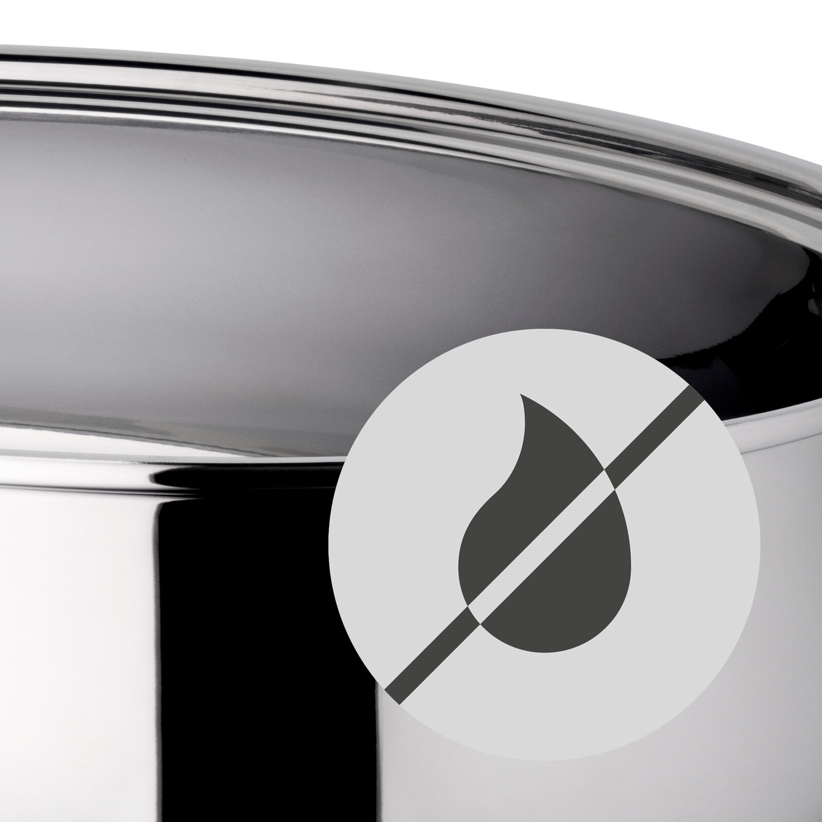 Nahaufnahme eines glänzenden Extrabräters mit Metalldeckel, seitliche Perspektive, mit einem Symbol für wasserabweisende Eigenschaften.