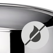 Nahaufnahme eines glänzenden Extrabräters mit Metalldeckel, seitliche Perspektive, mit einem Symbol für wasserabweisende Eigenschaften.