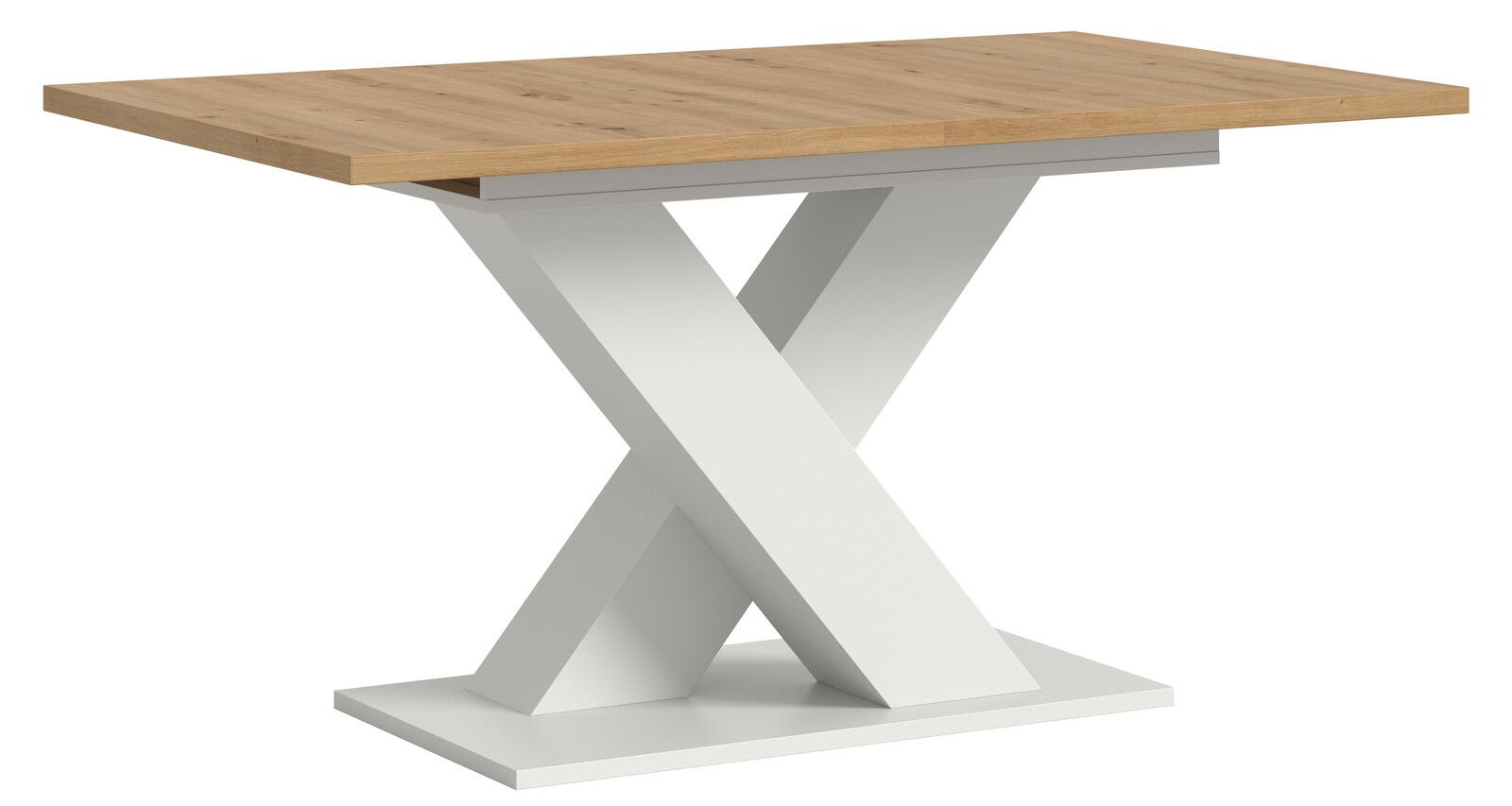 Moderner Esstisch mit X-förmigem weißen Gestell und Holzplatte, seitliche Perspektive