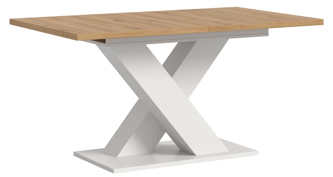 Moderner Esstisch mit X-förmigem weißen Gestell und Holzplatte, seitliche Perspektive