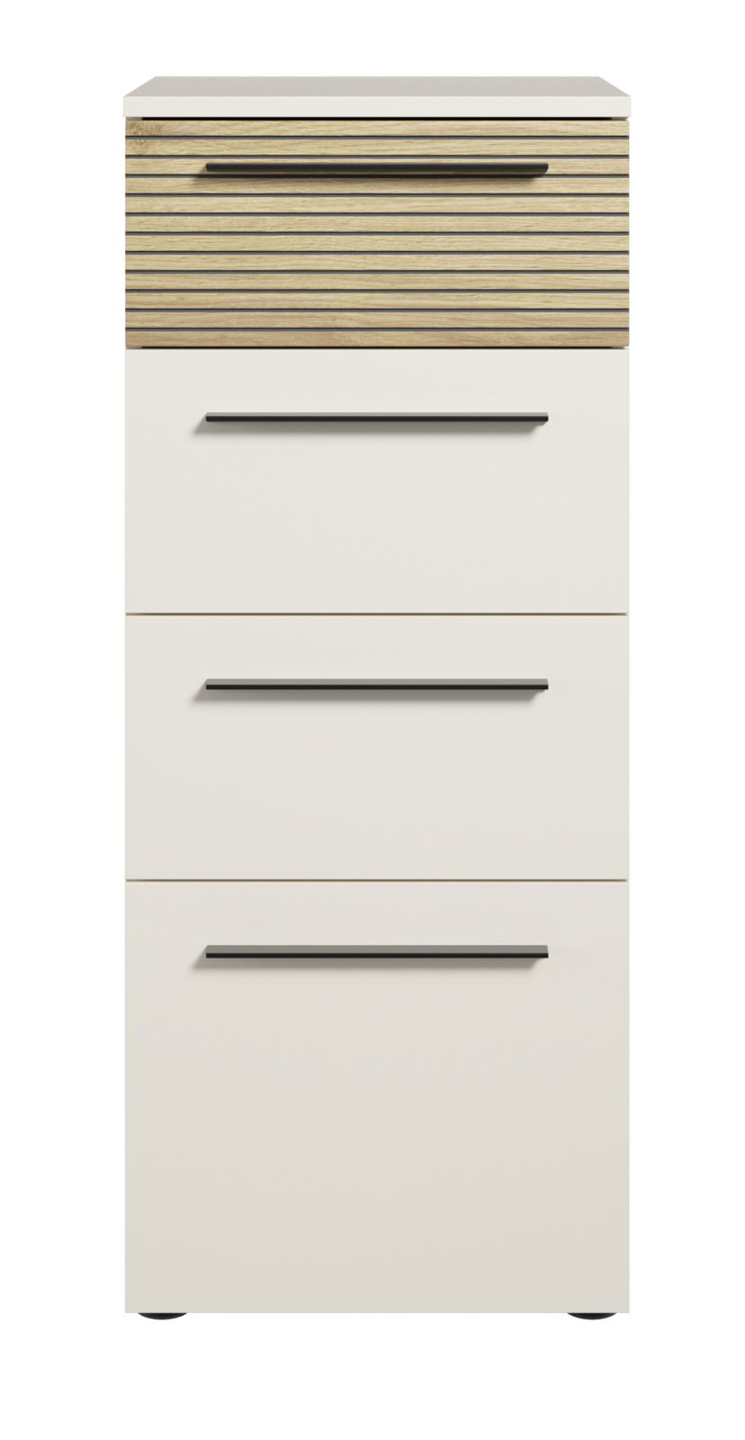 Vorderansicht eines Aktenschranks mit vier Schubladen, obere Schublade mit Holzoptik, die restlichen in Weiß.