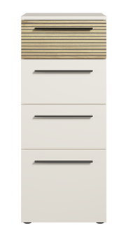 Vorderansicht eines Aktenschranks mit vier Schubladen, obere Schublade mit Holzoptik, die restlichen in Weiß.