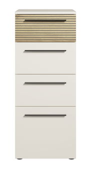 Vorderansicht eines Aktenschranks mit vier Schubladen, obere Schublade mit Holzoptik, die restlichen in Weiß.