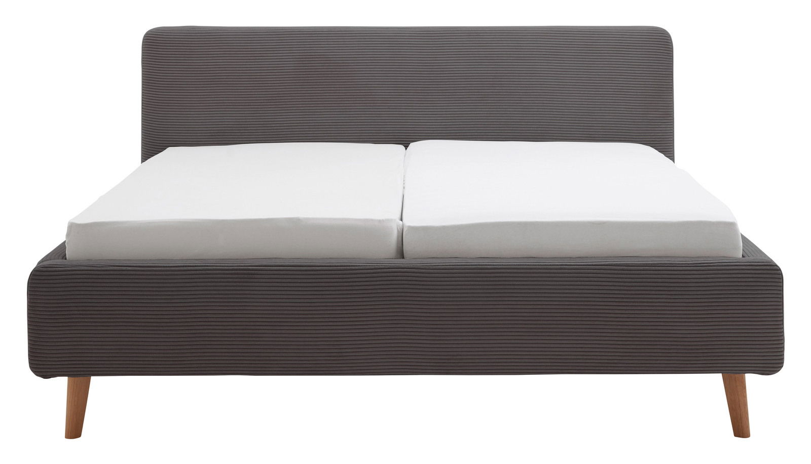 Graues Polsterbettgestell mit Holzfüßen, Vorderansicht