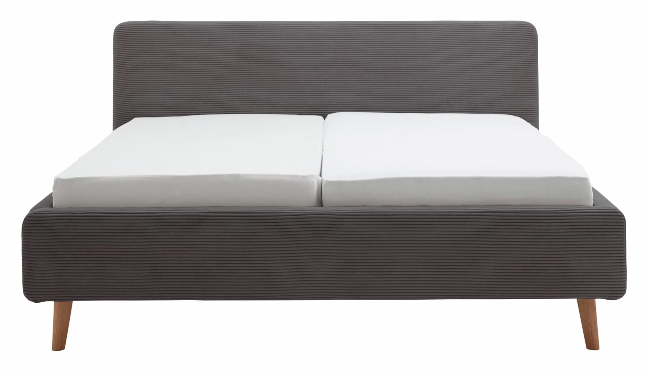 Graues Polsterbettgestell mit Holzfüßen, Vorderansicht