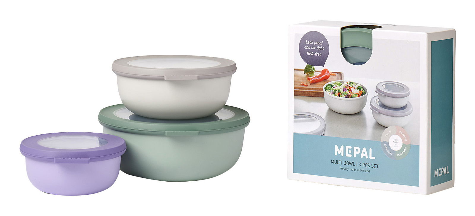 Mepal Vorratsdosen-Set 3-tlg. CIRQULA Dreiteiliges rundes Schüsselset in Pastellfarben, bestehend aus einer großen, mittleren und kleinen Schüssel mit Deckel, aus seitlicher Perspektive.