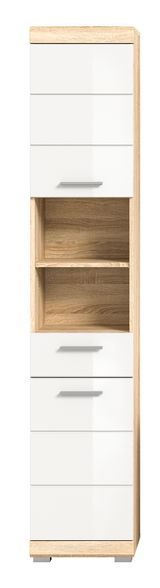 Moderner Hochschrank mit weißer Front und Holzoptik, frontal betrachtet.