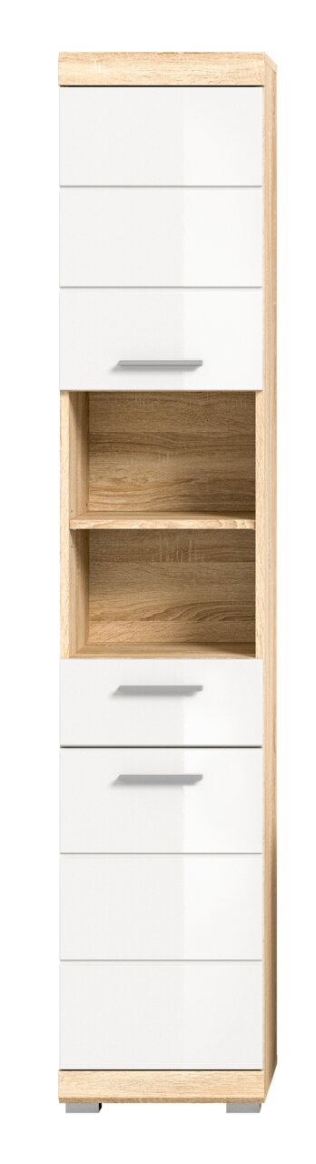 Moderner Hochschrank mit weißer Front und Holzoptik, frontal betrachtet.