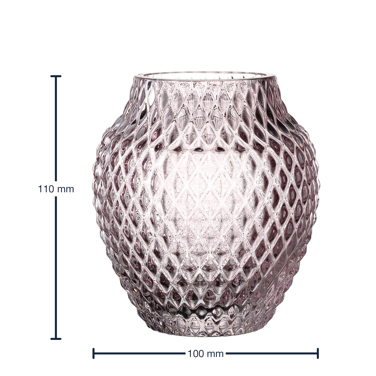 Violette Glasvase mit rautenförmigem Muster, 110 mm hoch und 100 mm breit, aus der Perspektive von vorne.