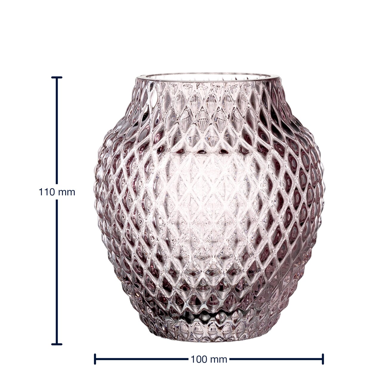 Violette Glasvase mit rautenförmigem Muster, 110 mm hoch und 100 mm breit, aus der Perspektive von vorne.