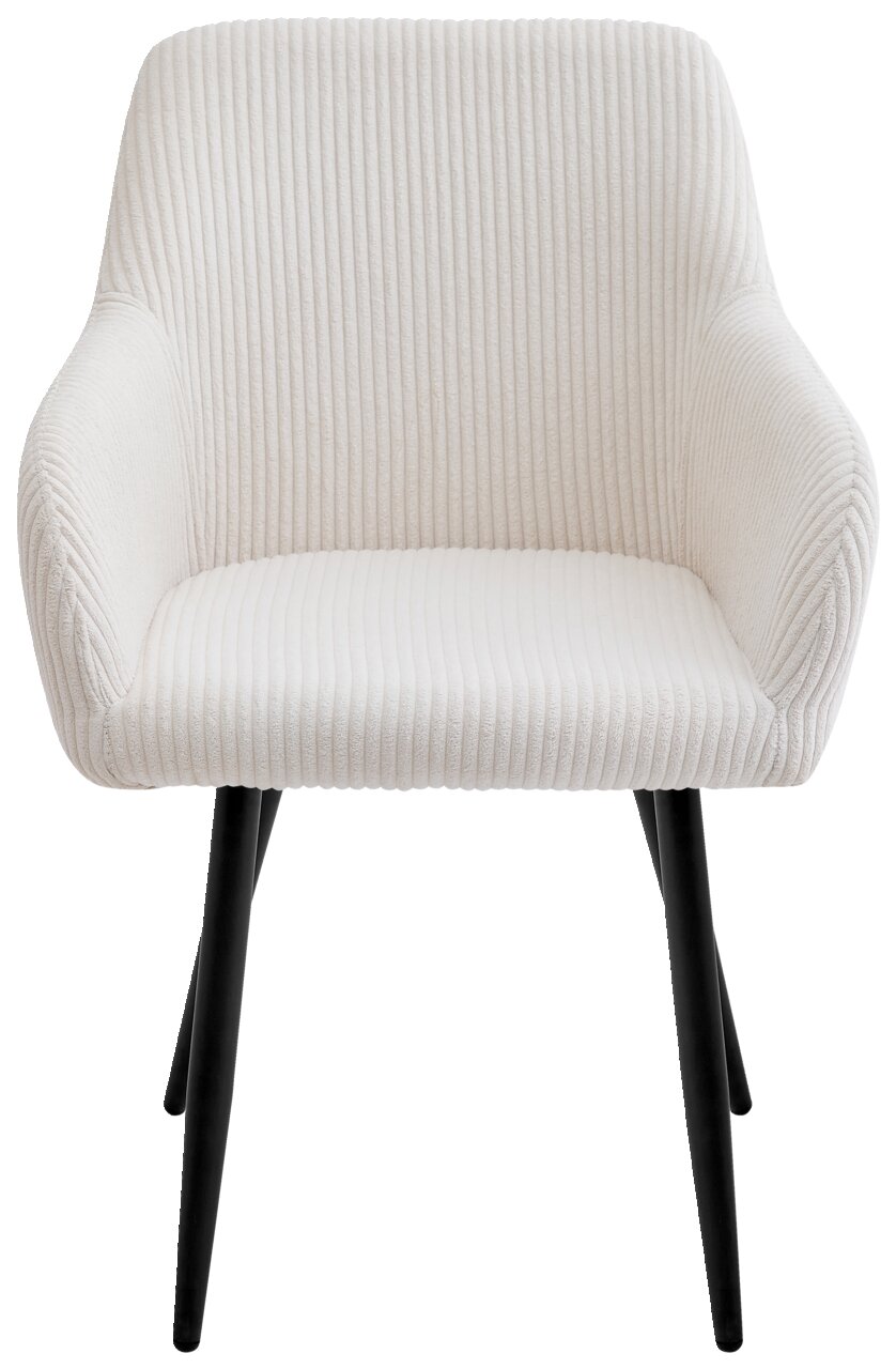 Weißer Armlehnstuhl mit geripptem Stoffbezug und schwarzen Beinen, Frontalansicht