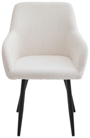 Weißer Armlehnstuhl mit geripptem Stoffbezug und schwarzen Beinen, Frontalansicht