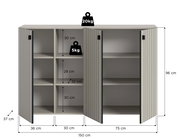 Offenes Sideboard in Grau mit drei geriffelten Türen und mehreren Einlegeböden, Maßgrafik mit 150 cm Breite, 96 cm Höhe und 37 cm Tiefe sowie Belastbarkeit (20 kg oben, 5 kg pro Fach), Ansicht von vorne in leichter Schrägperspektive.