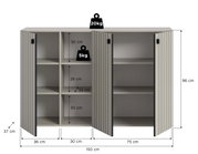Offenes Sideboard in Grau mit drei geriffelten Türen und mehreren Einlegeböden, Maßgrafik mit 150 cm Breite, 96 cm Höhe und 37 cm Tiefe sowie Belastbarkeit (20 kg oben, 5 kg pro Fach), Ansicht von vorne in leichter Schrägperspektive.