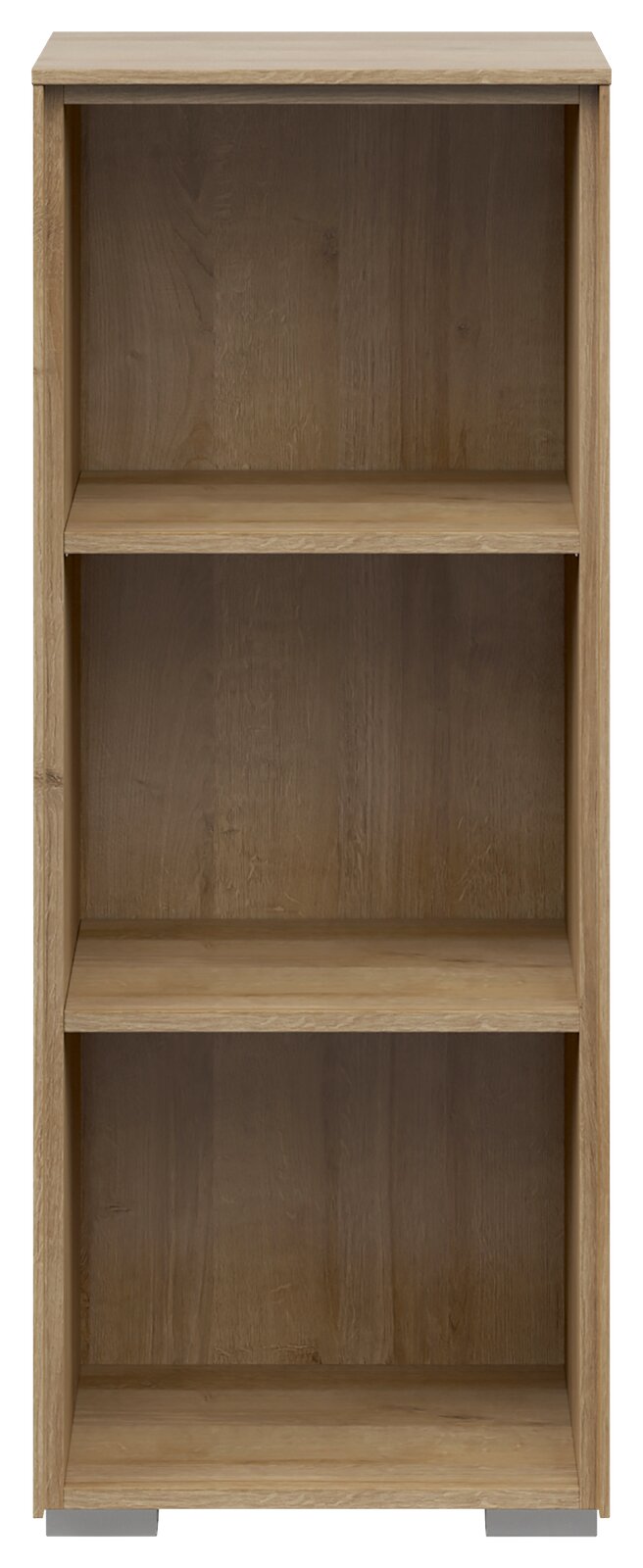 Frontale Ansicht eines schmalen Aktenregals mit drei offenen Fächern in Holzoptik.