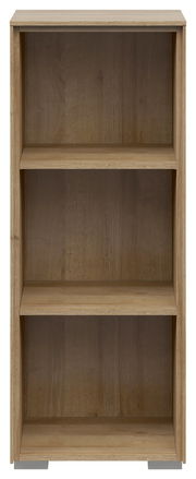 Frontale Ansicht eines schmalen Aktenregals mit drei offenen Fächern in Holzoptik.