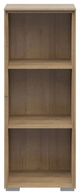 Frontale Ansicht eines schmalen Aktenregals mit drei offenen Fächern in Holzoptik.