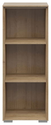 Frontale Ansicht eines schmalen Aktenregals mit drei offenen Fächern in Holzoptik.