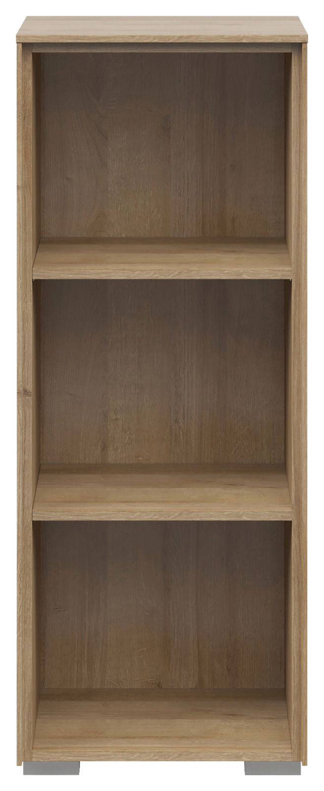 Frontale Ansicht eines schmalen Aktenregals mit drei offenen Fächern in Holzoptik.