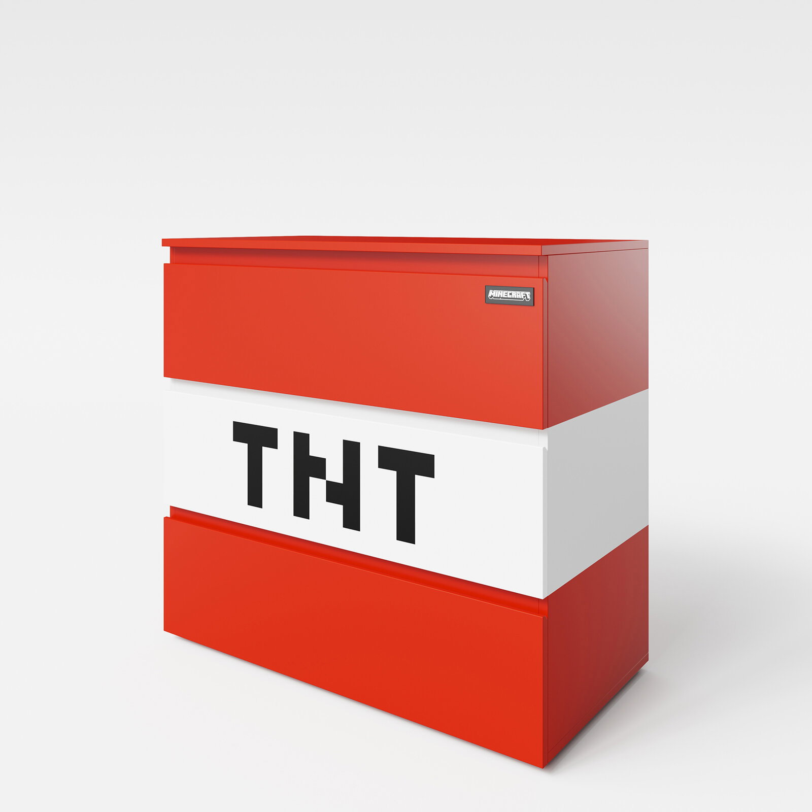 Rote und weiße Aufbewahrungsbox im Minecraft-TNT-Design mit schwarzer „TNT“-Aufschrift, schräg von vorne rechts fotografiert