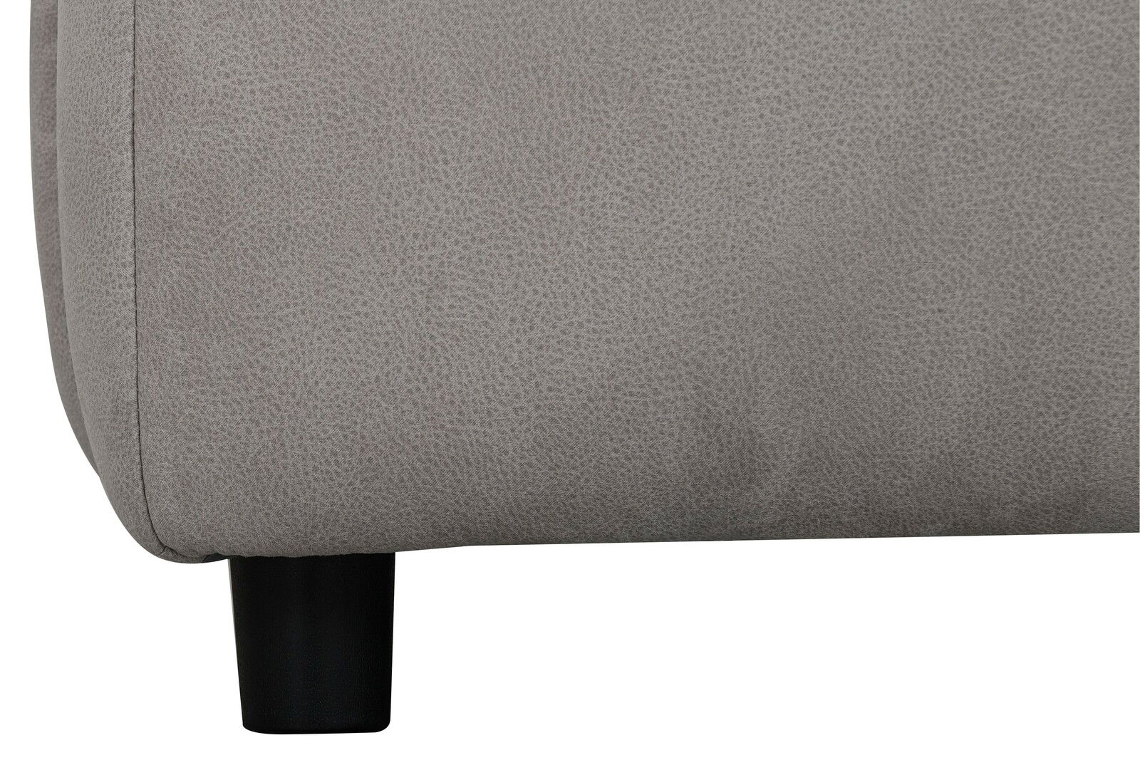 Nahaufnahme eines grauen Funktionssofas mit schwarzem Bein, seitliche Perspektive