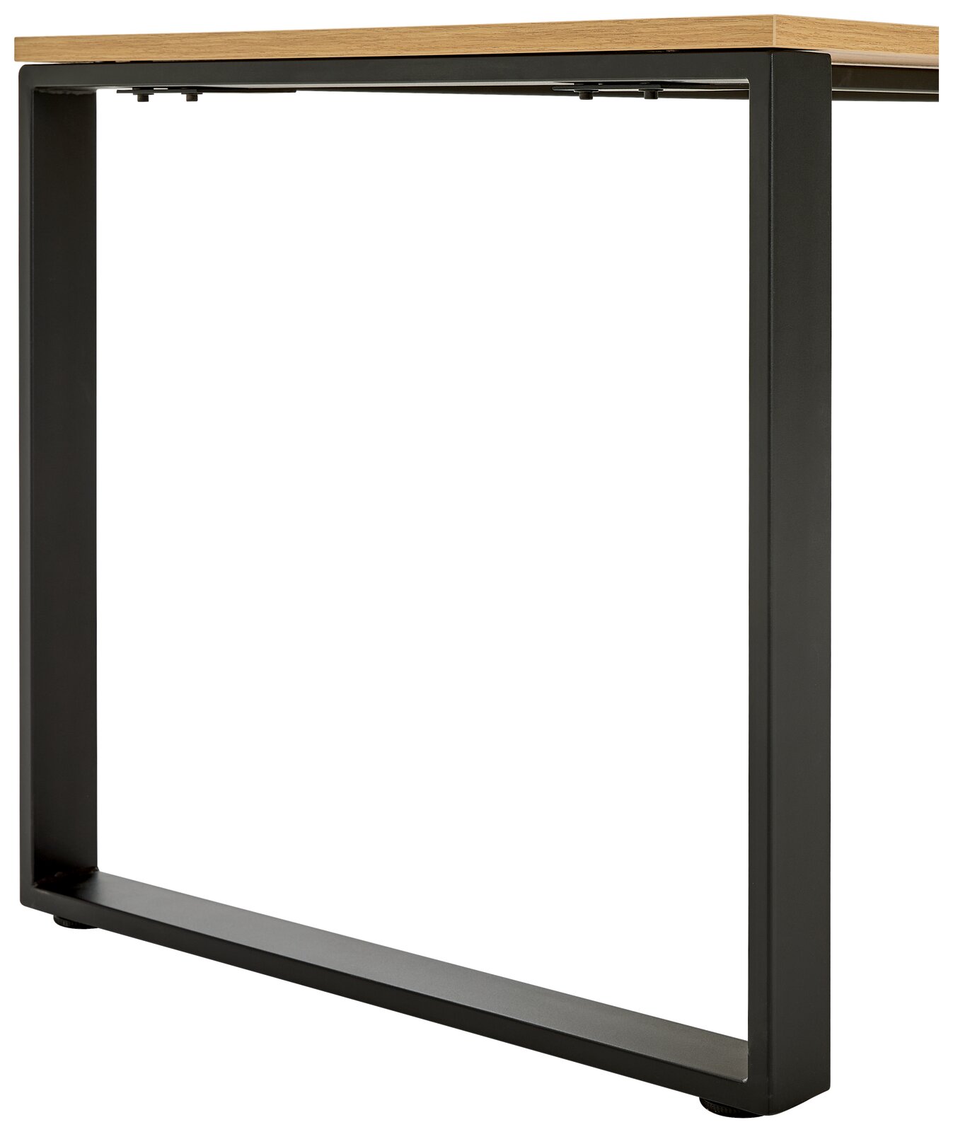 Schreibtischgestell aus schwarzem Metall mit Holzplatte, seitliche Perspektive