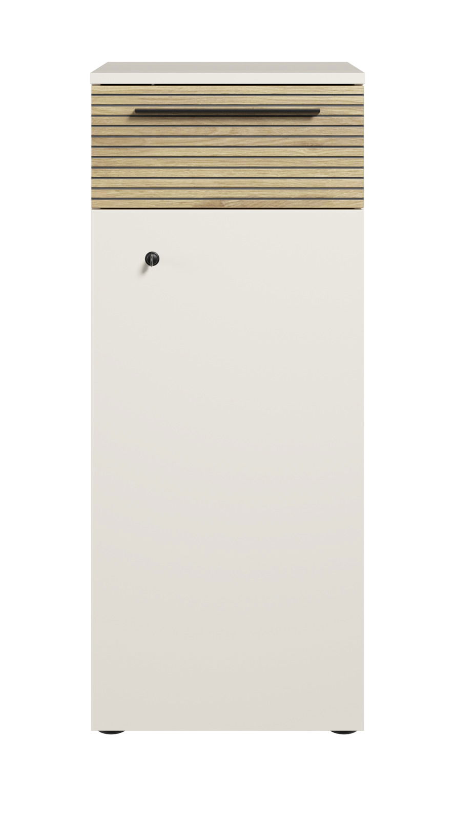 Moderner Aktenschrank mit Holzoptik und Schloss, Frontalansicht