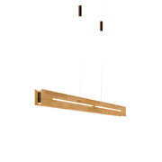 Moderne LED-Pendelleuchte aus Holz in seitlicher Perspektive, mit zwei Aufhängungen und integriertem Lichtstreifen.
