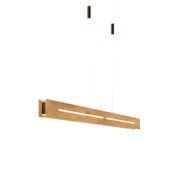 Moderne LED-Pendelleuchte aus Holz in seitlicher Perspektive, mit zwei Aufhängungen und integriertem Lichtstreifen.