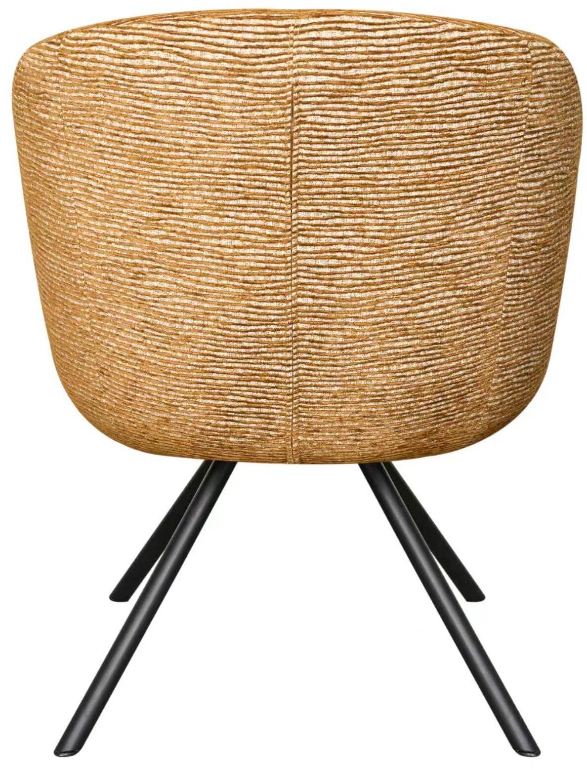 Ronde poef/kruk met beige‑goud gestreepte stof en zwart metalen driepoot onderstel, frontaal zijaanzicht op witte achtergrond