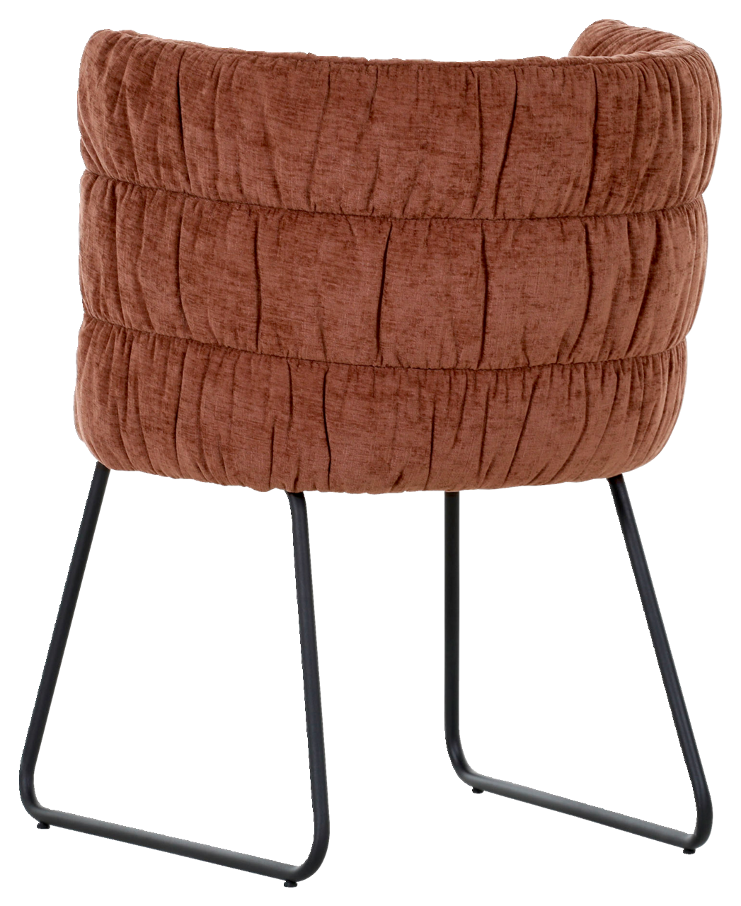 Z2 Armlehnstuhl MILA Rückansicht eines braunen Armlehnstuhls mit gepolstertem Stoffbezug und schwarzen Metallbeinen.