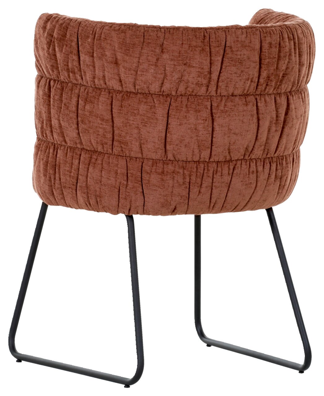Z2 Armlehnstuhl MILA Rückansicht eines braunen Armlehnstuhls mit gepolstertem Stoffbezug und schwarzen Metallbeinen.