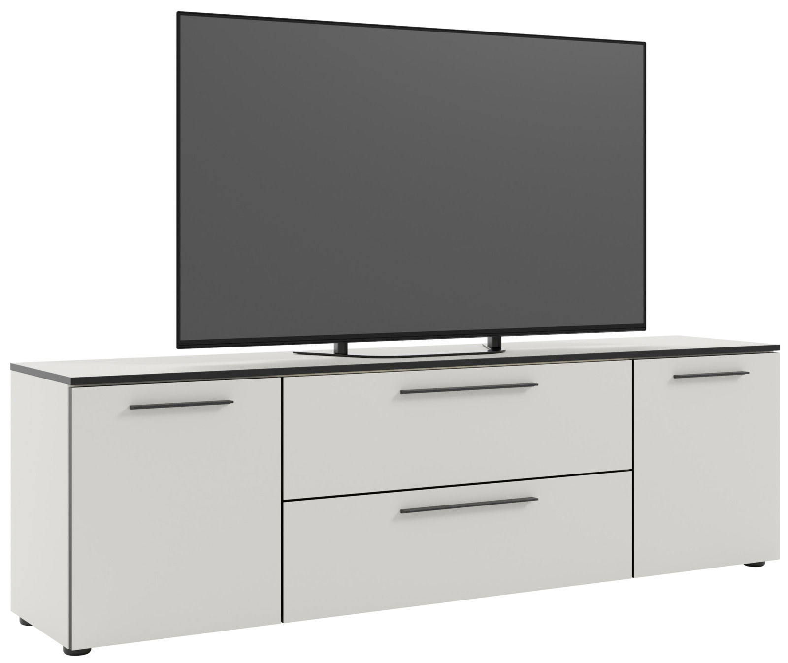 Modernes TV-Lowboard in Weiß mit zwei Schubladen und zwei Türen, frontal betrachtet, mit einem großen Flachbildfernseher darauf.
