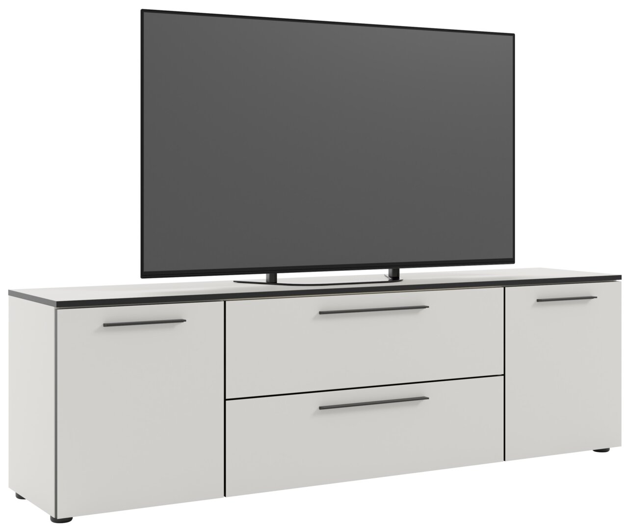 Modernes TV-Lowboard in Weiß mit zwei Schubladen und zwei Türen, frontal betrachtet, mit einem großen Flachbildfernseher darauf.